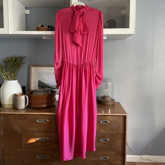ZIMMERMANN Twist-Front Drape Washed-Silk Midi Dress Bright Pink Size 2 / US 8 - Picture 3 of 12